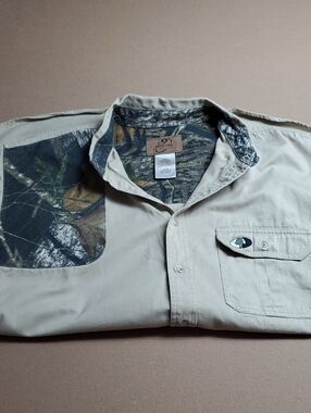 Mossy Oak Tan Button-Up Shirt with Camo Panels